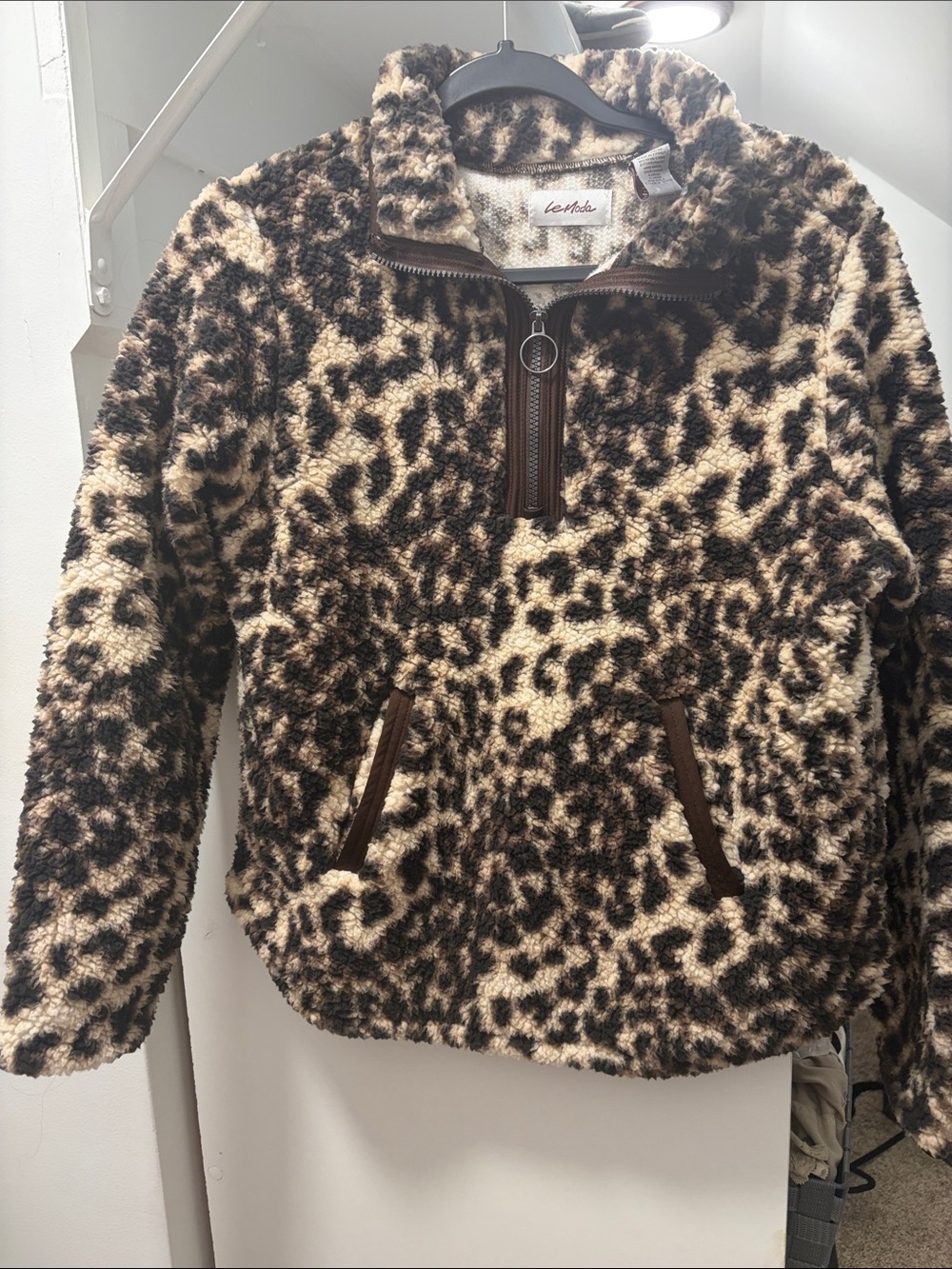 Le Lis Brown and Cream Leopard Sherpa Pullover